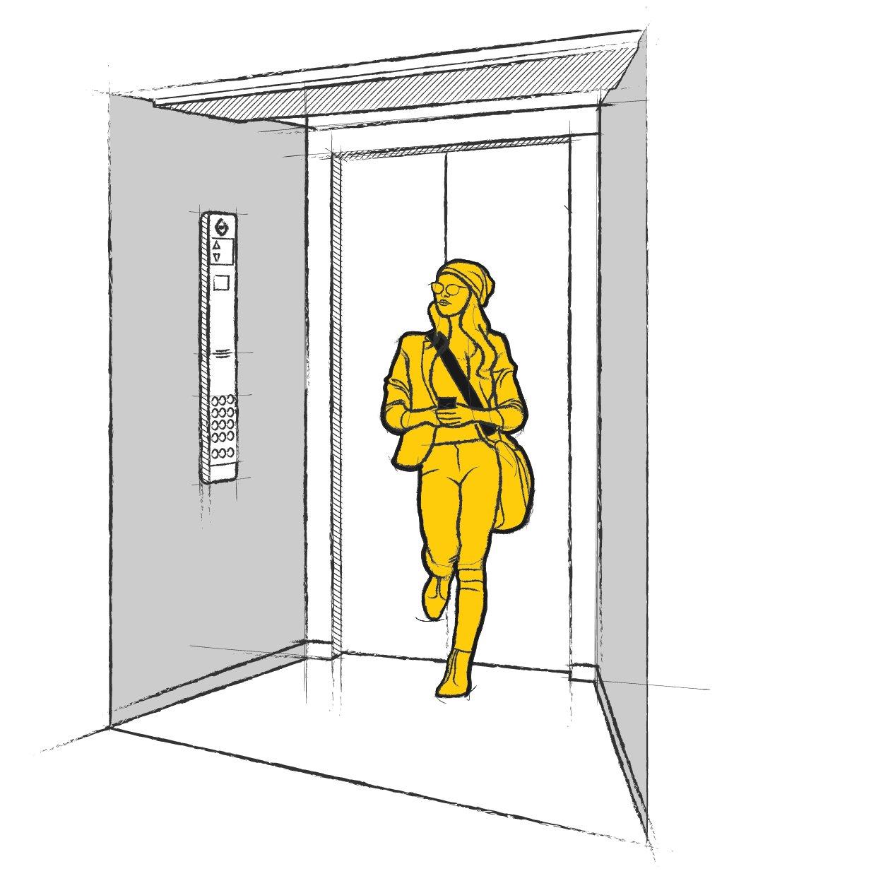 Ilustración de mujer saltando en ascensor