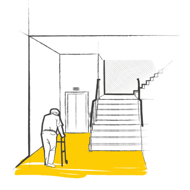 Ilustración de ascensor a cota cero para persona con movilidad reducida