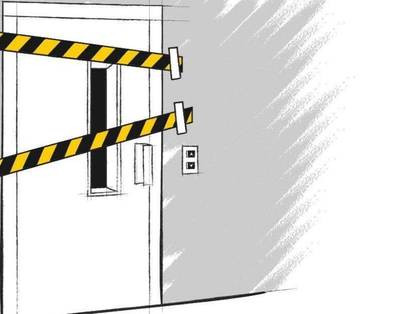 Ilustración ascensor después de accidente fondo amarrillo