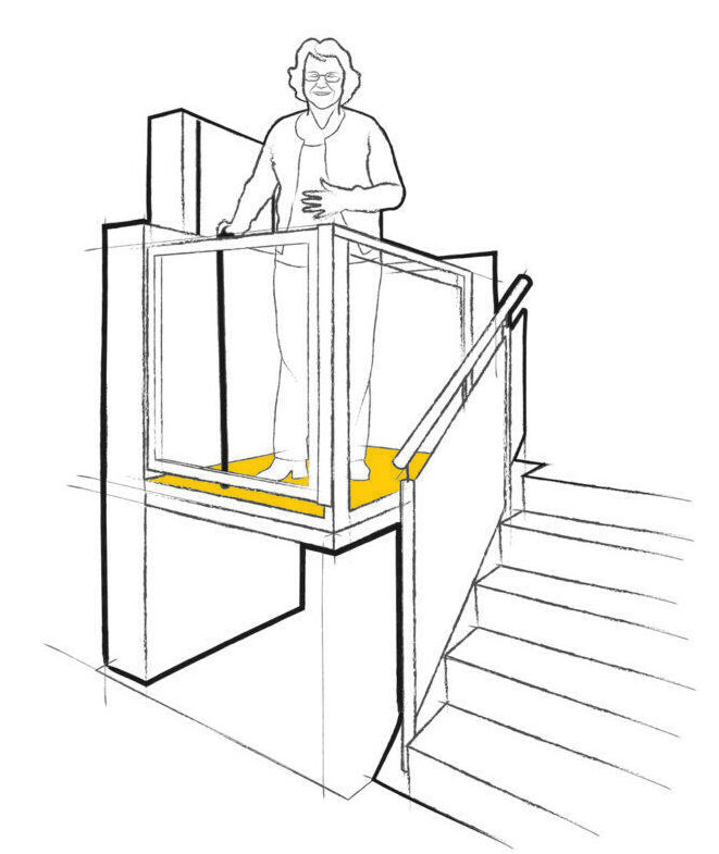 Ilustración señora mayor en una plataforma elevadora