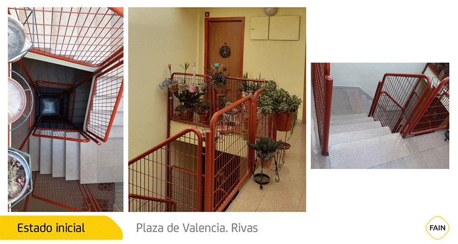 El antes y después de instalación de ascensor en Plaza de Valencia, Rivas