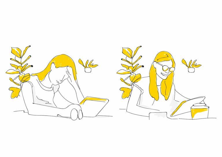 Ilustración chica antes y después de ser otorgada subvención para instalar ascensor