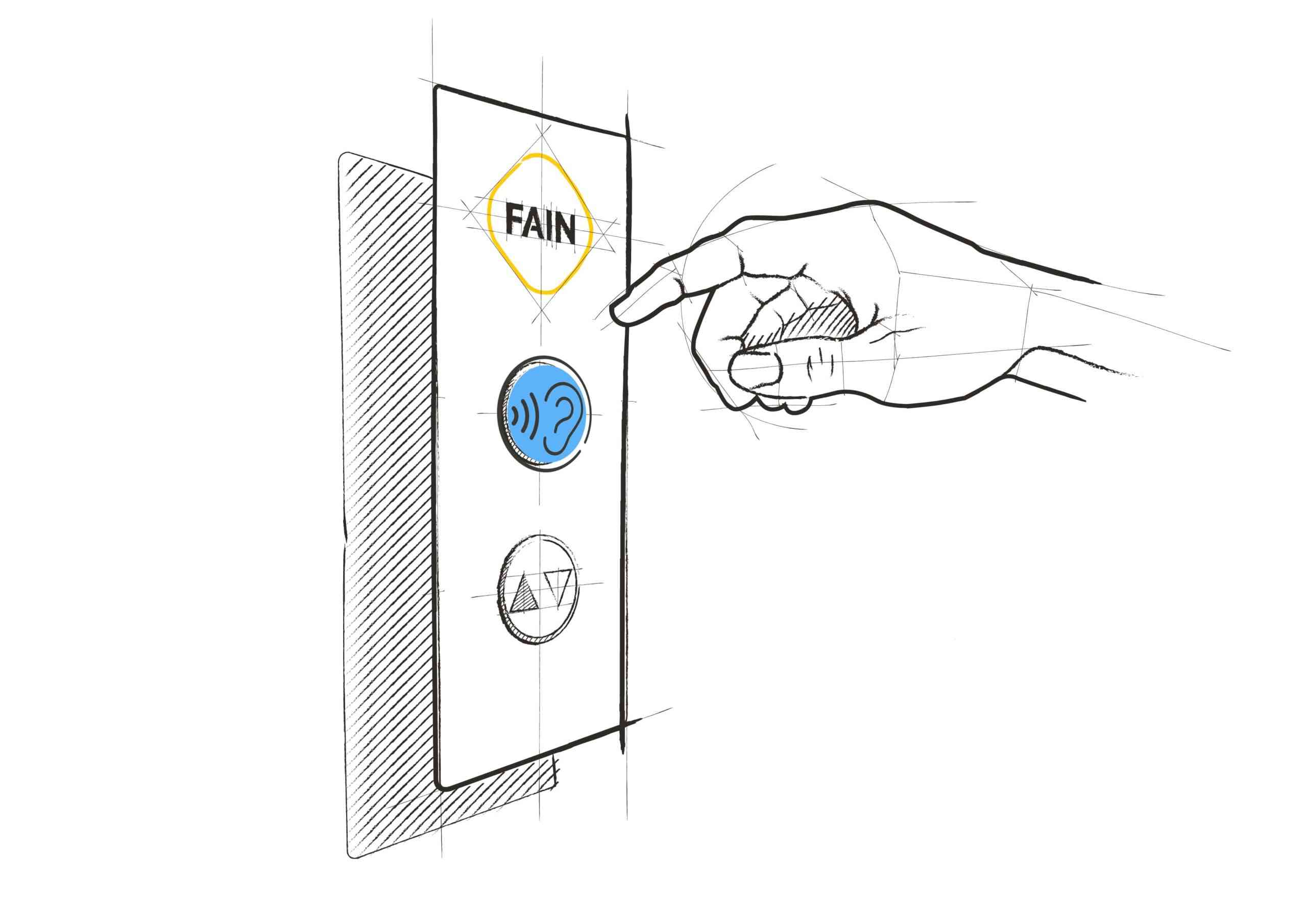 Ilustración mano tocando botón de bucle de inducción para personas con audífonos
