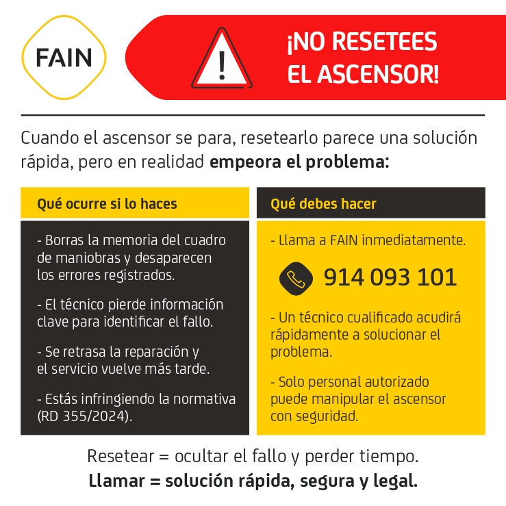 Pegatinas avisando de no resetear el ascensor