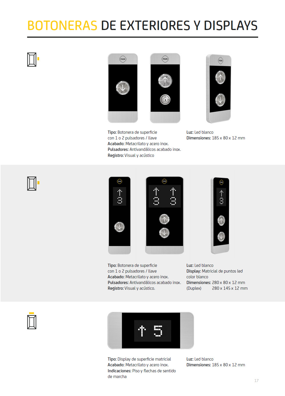Tipos de botoneras de rellano en acero inoxidable color gris